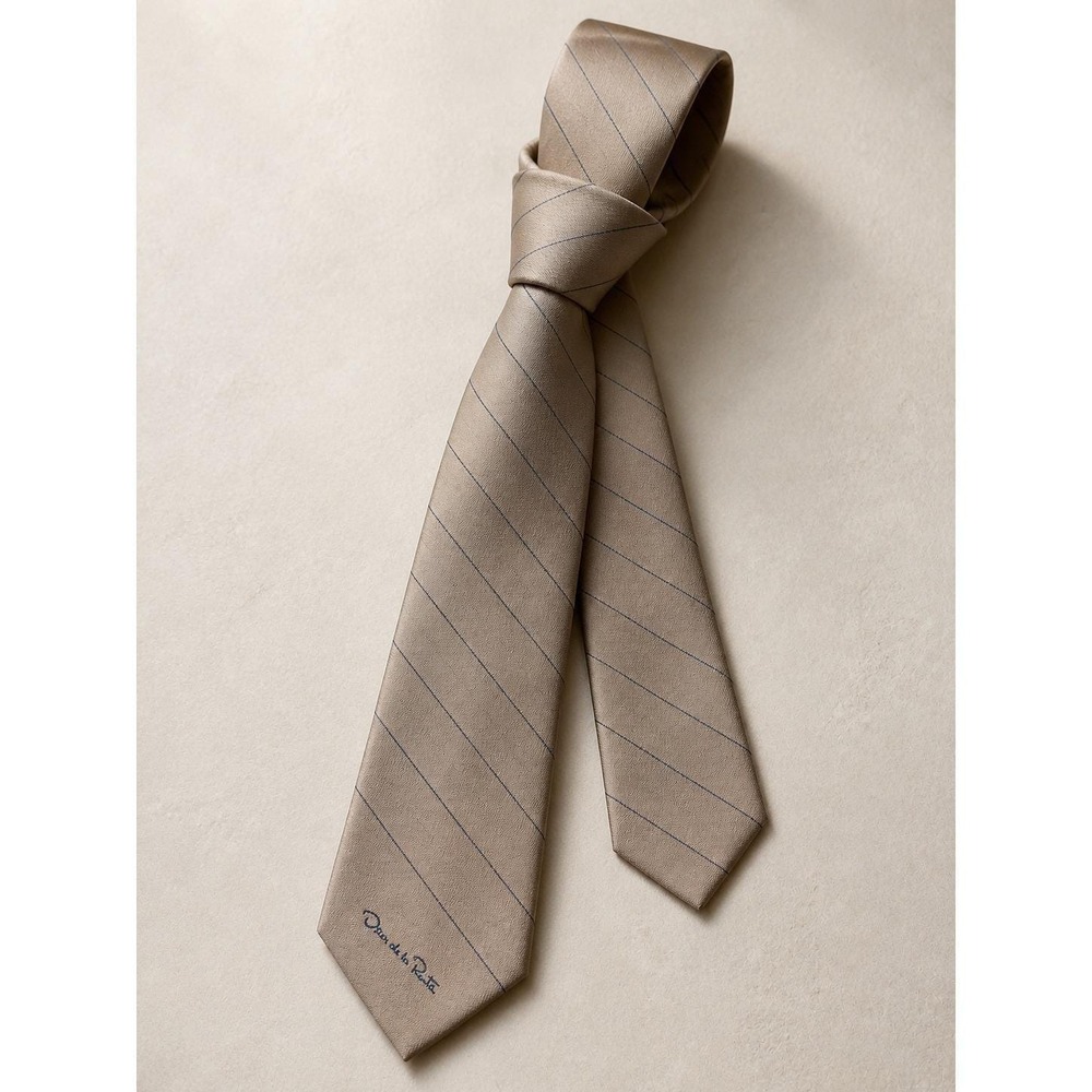 Oscar de la Renta Mens Silk Necktie Tan Blue Pinstripe Designer Signature Tie